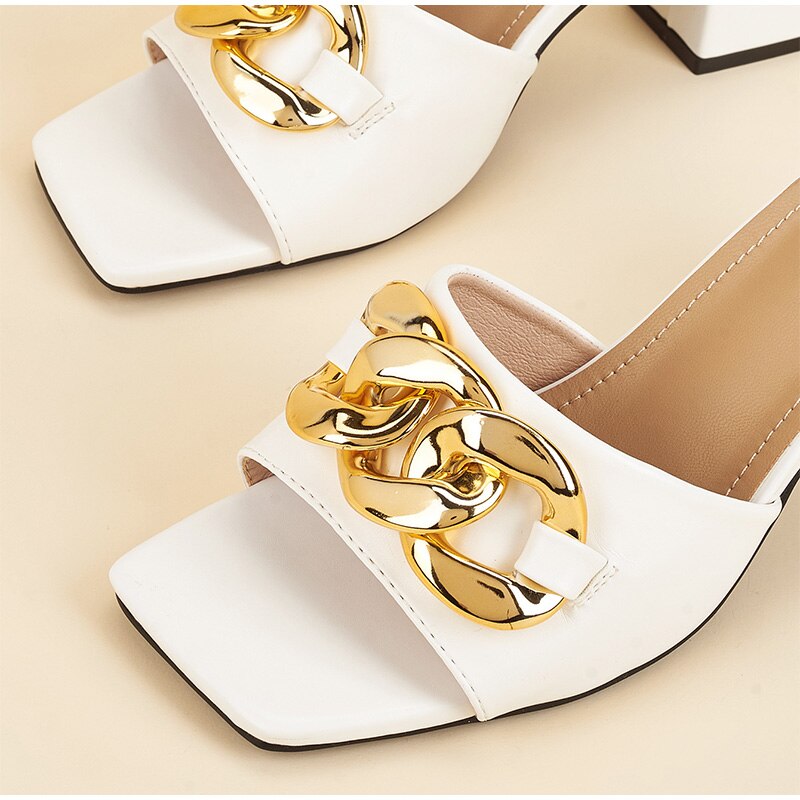 Metal Chain Decor PU Leather Solid Color Platform Heel Open Square Toe Sandals