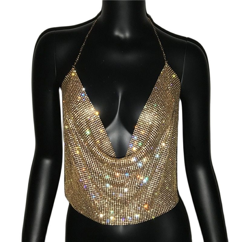 Sparkiing Rhinestone Backless Crop V-Neck Diamond Metal Tank Top