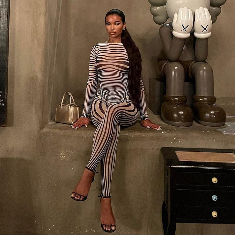 Mesh Striped Transparent Long Sleeve O-Neck 2-Piece Outfit