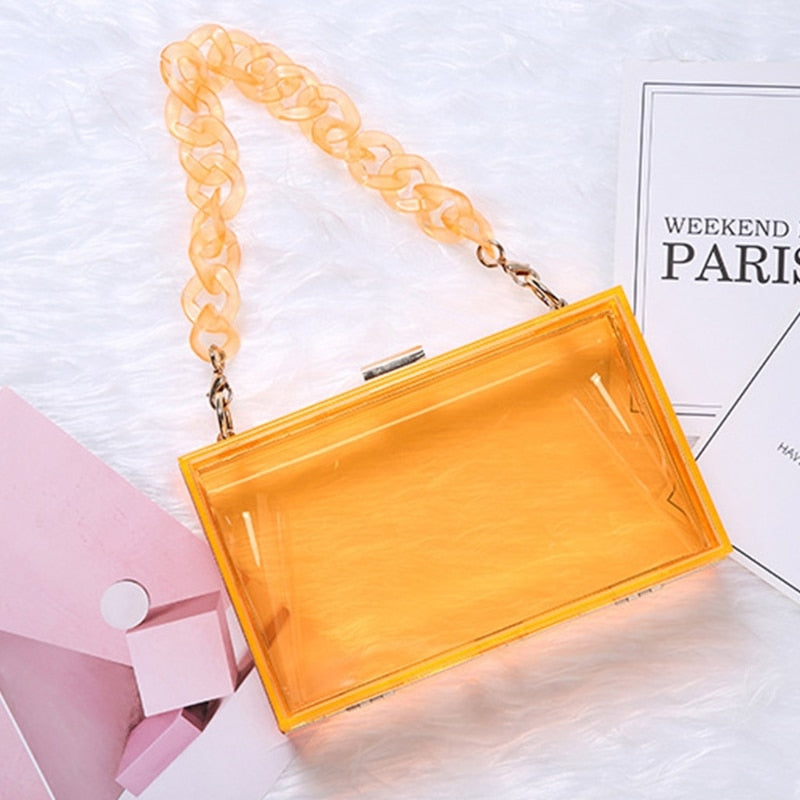 Clear Acrylic Box Clutch Transparent Shoulder Bag w/ Detachable Chain