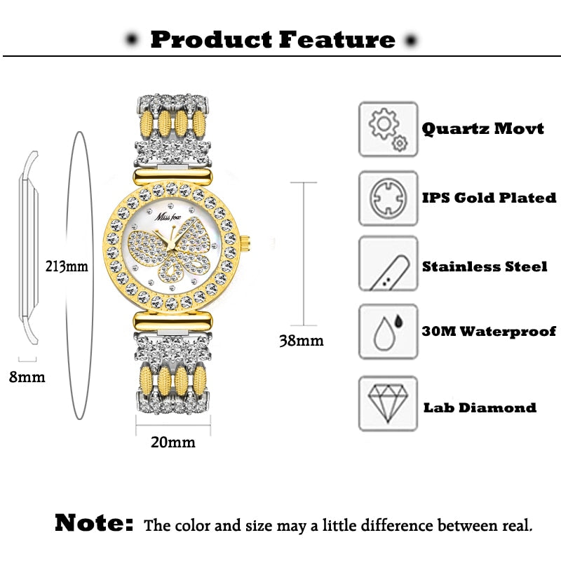 Butterfly Big Diamond 18K Gold Waterproof Ladies Watch