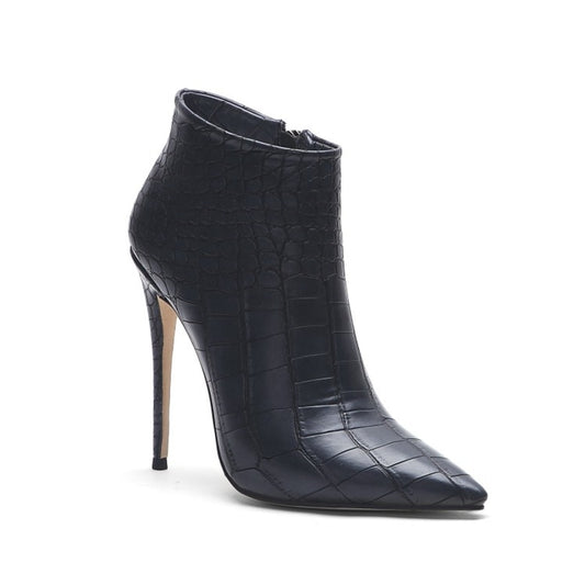 Croc Solid Color Pointed Toe High Heel Side Zipper Ankle Boots