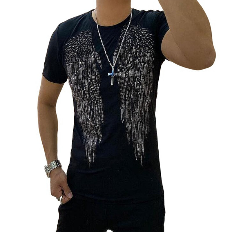 Men's Rhinestone Angel Wings Hot Drill T-Shirt