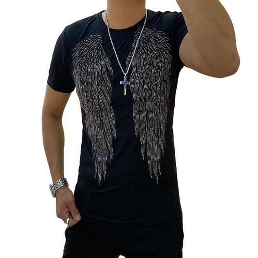 Men's Rhinestone Angel Wings Hot Drill T-Shirt