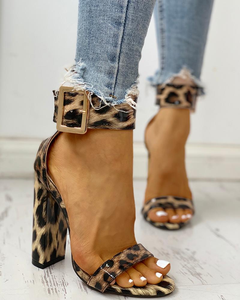 Leopard/Snakeskin/Floral Open Toe Ankle Buckled Sandals Chunky Heeled Sandals