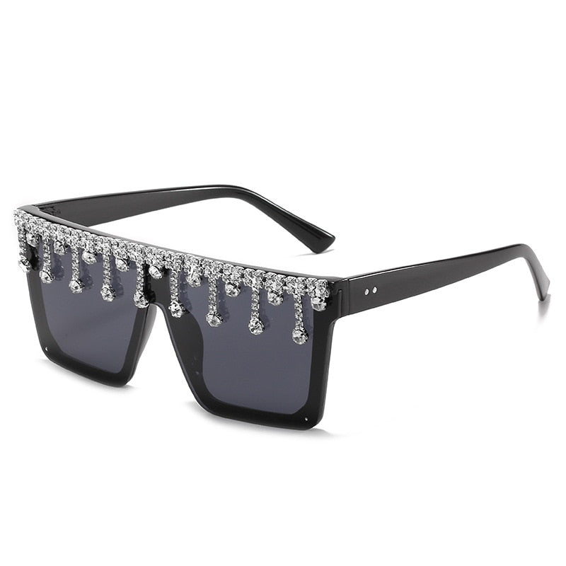 Dripping Iced Out Crystal Rhinestone Tassel Drop Oversized UV400 Ladies Sunglasses