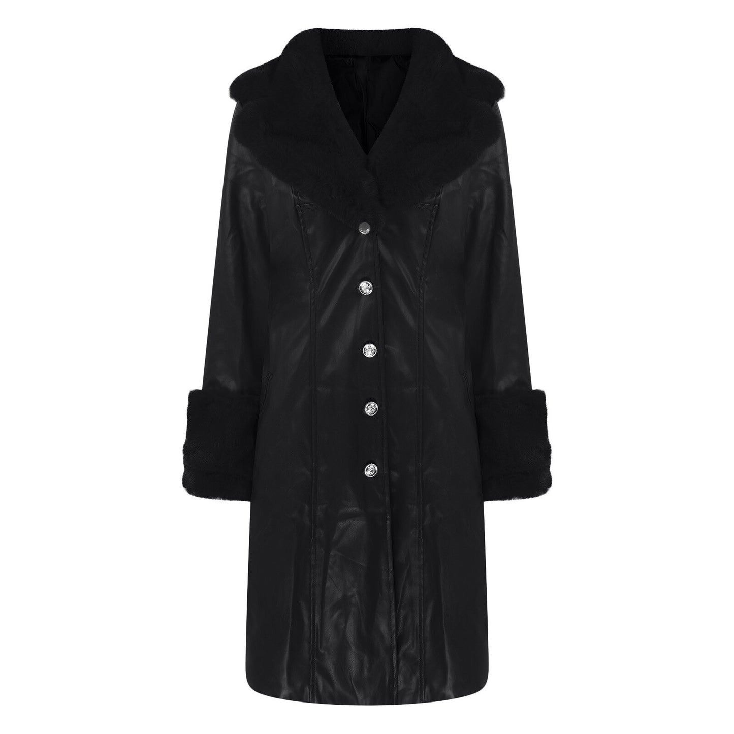 PU Leather Solid Fur Collar Loose  Trenchcoats