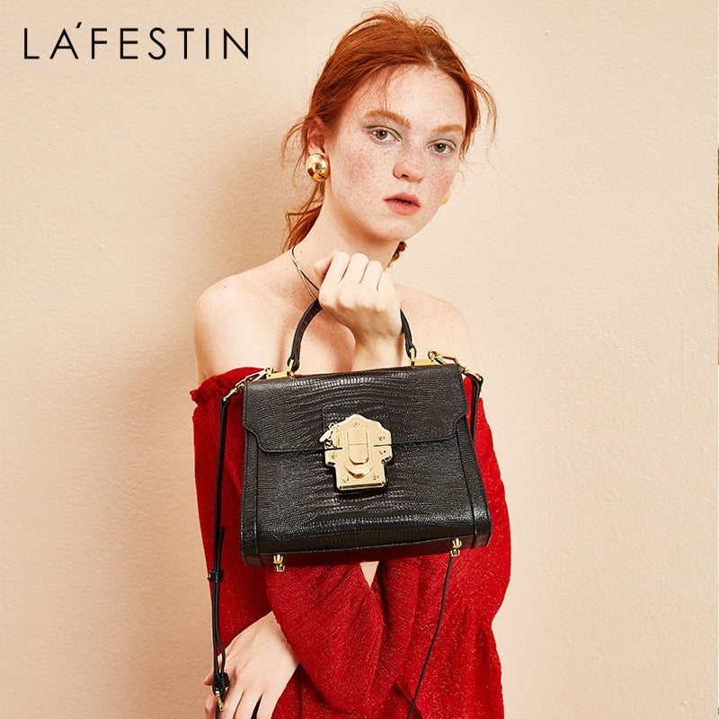 Serpentine Lock Split Leather Shoulder Crossbody Purse