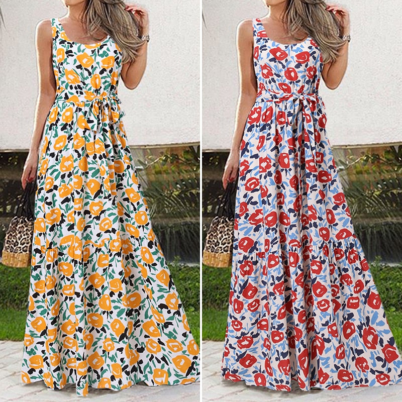 Bohemian Floral Print Ruffled Sleeveless Maxi Sundress to 5X Plus Size