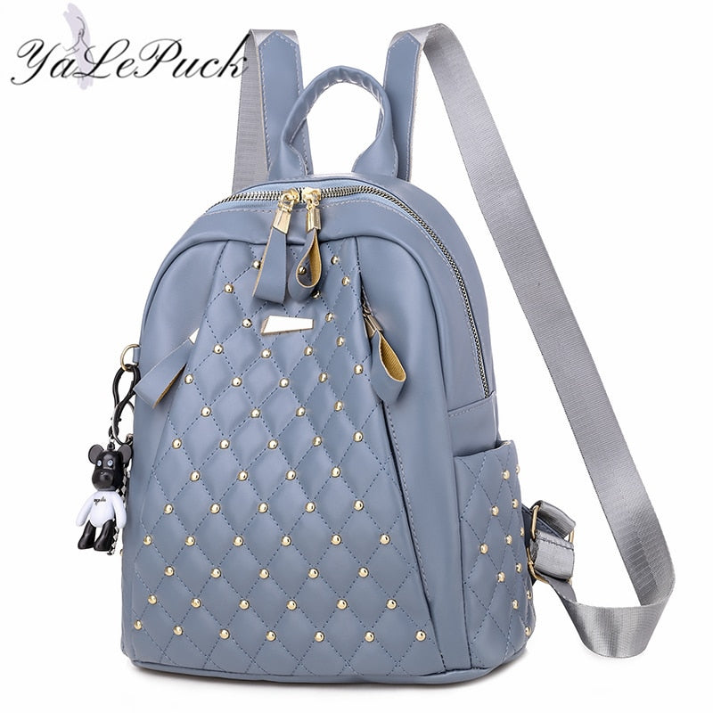 Vintage Leather Embossed Diamond Lattice Studded Quilted Solid Color Ladies Backpack