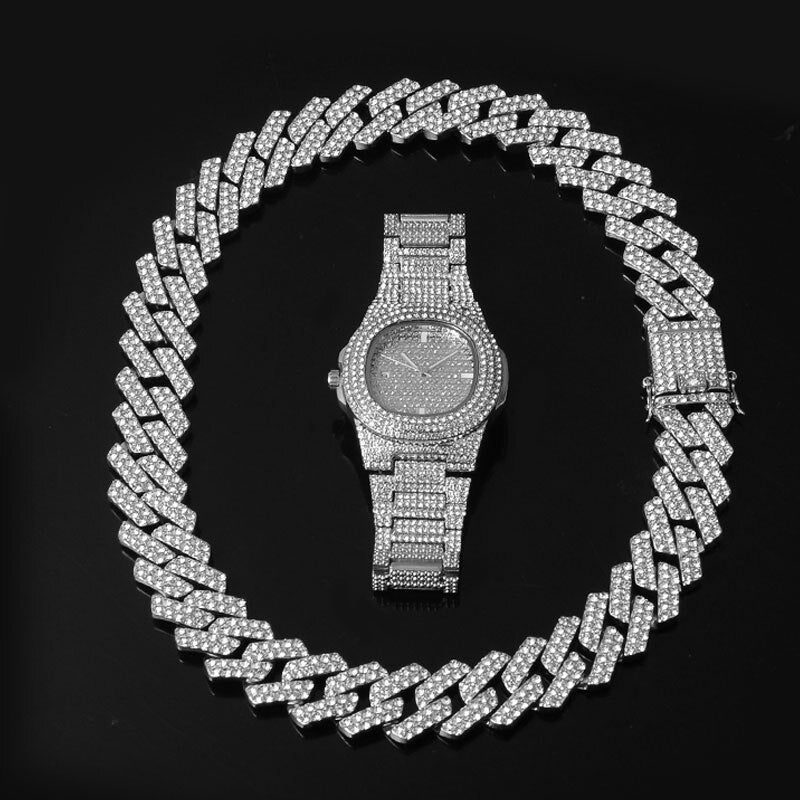 Hip-Hop Iced Rhinestone Prong Cuban Chain CZ Bling Chain + Bracelet + Watch 2-Piece & 3-Piece Jewelry Sets