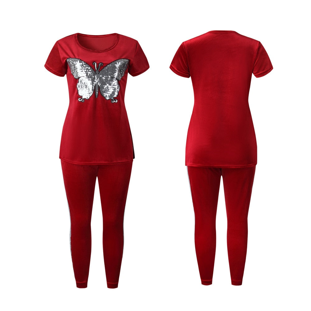 Velvet Metallic Butterfly Embroidered Short Sleeve Top & Side Striped Skinny Pants 2-Piece Set to 3X Plus Size