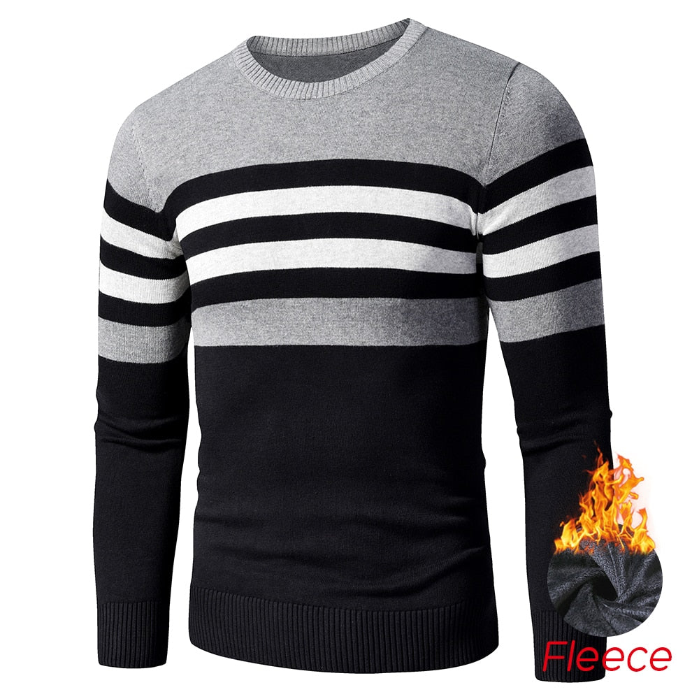 Men's Striped Fleece Cotton Pullover O-Neck Sweater