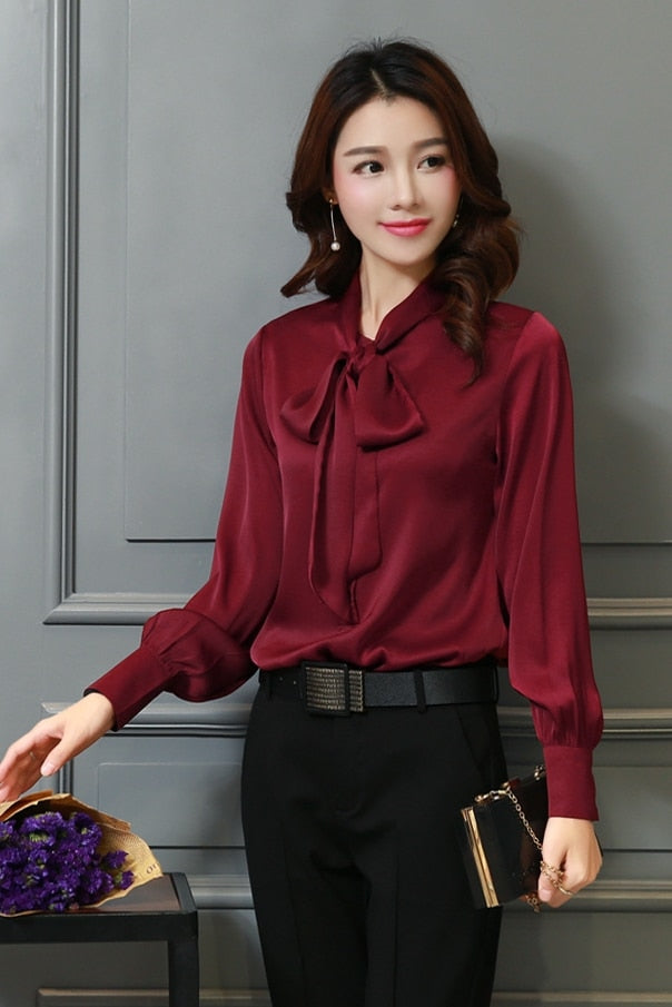 Chiffon Solid Bowtie Lantern Sleeve Plus Size Blouse to 3X