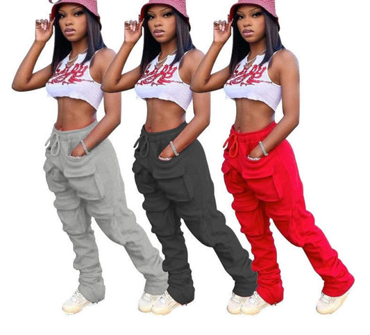 Cargo Solid Pleated Drawstring Flare Sweatpants