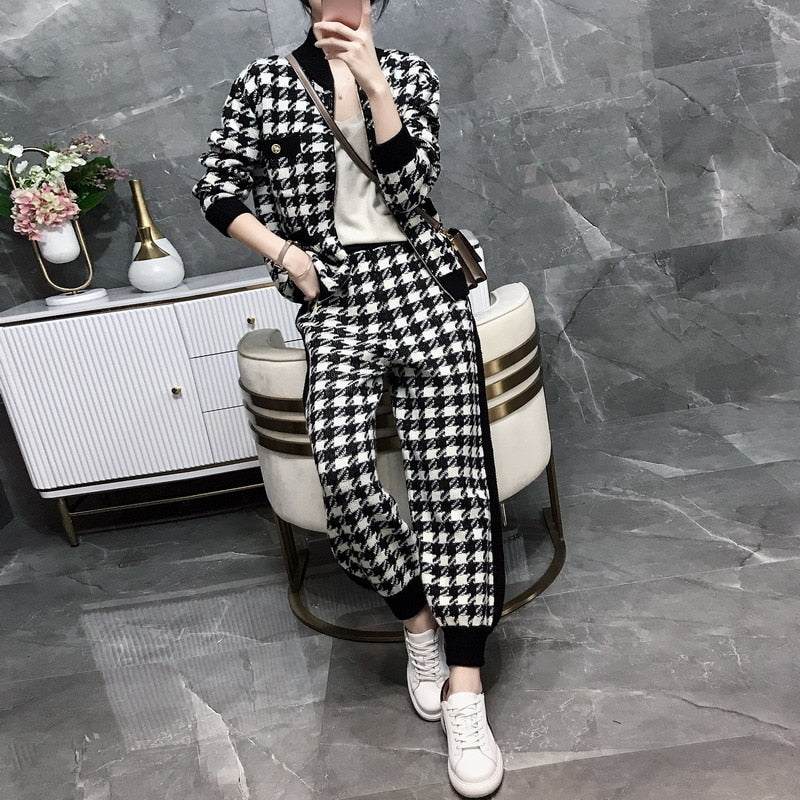 Women's Knitted Houndstooth Zipper Plaid Cardigan Sweater + Sweatpants 2-Piece Set