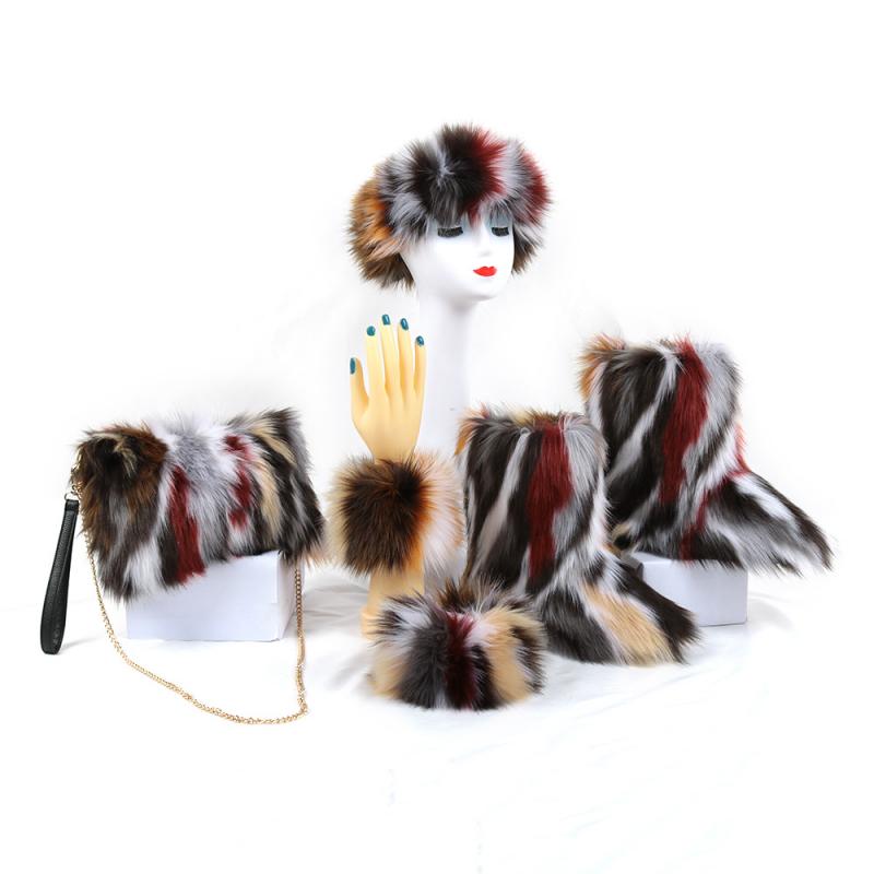 Faux Fur 4-Piece Set w/ Hat, Bag, Bracelet & Furry Ankle Snowboots