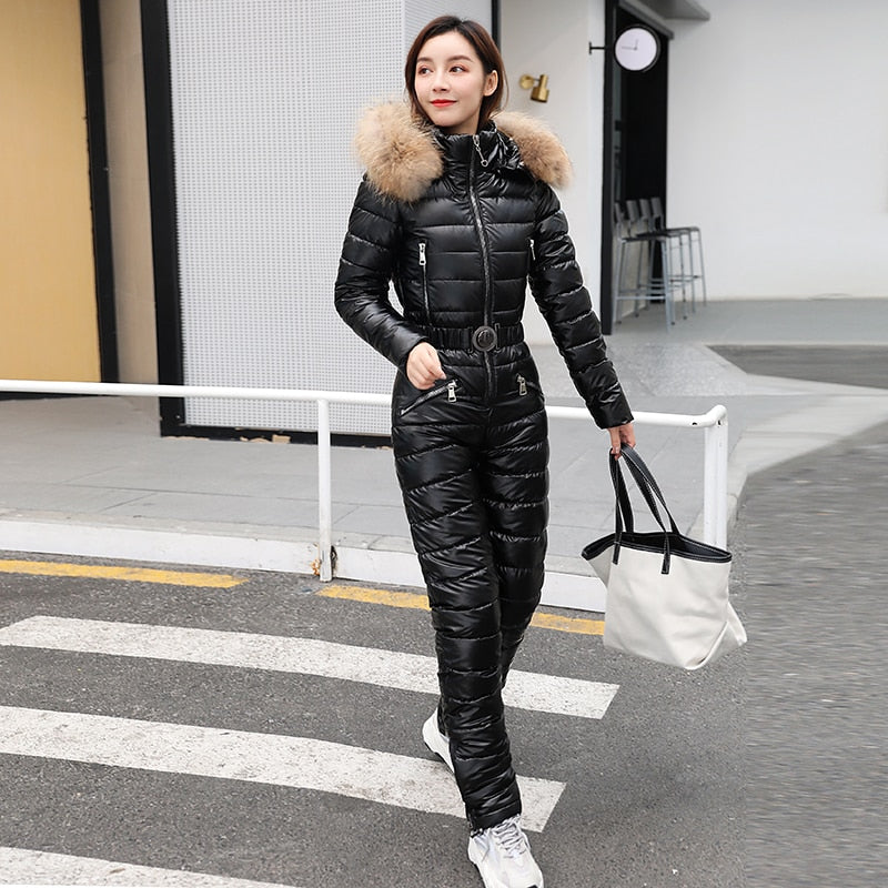 Fur Hood Quilted Solid Color Ladies Ski Snowsuit