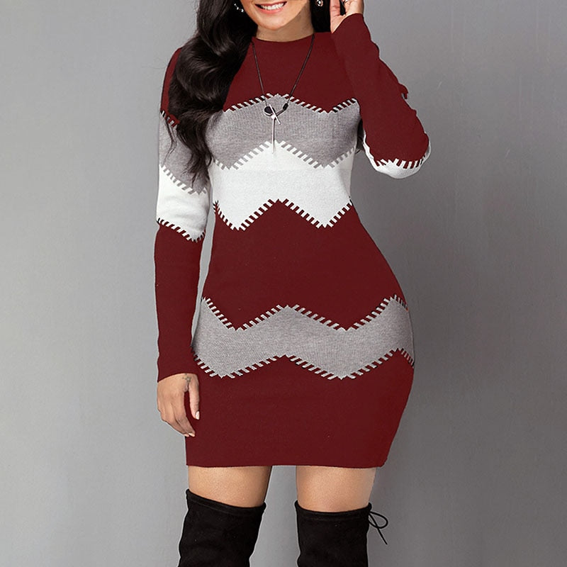 Colorblock Geometric Striped Multi-Colored Sweater Mini Dress to 5X Plus Size