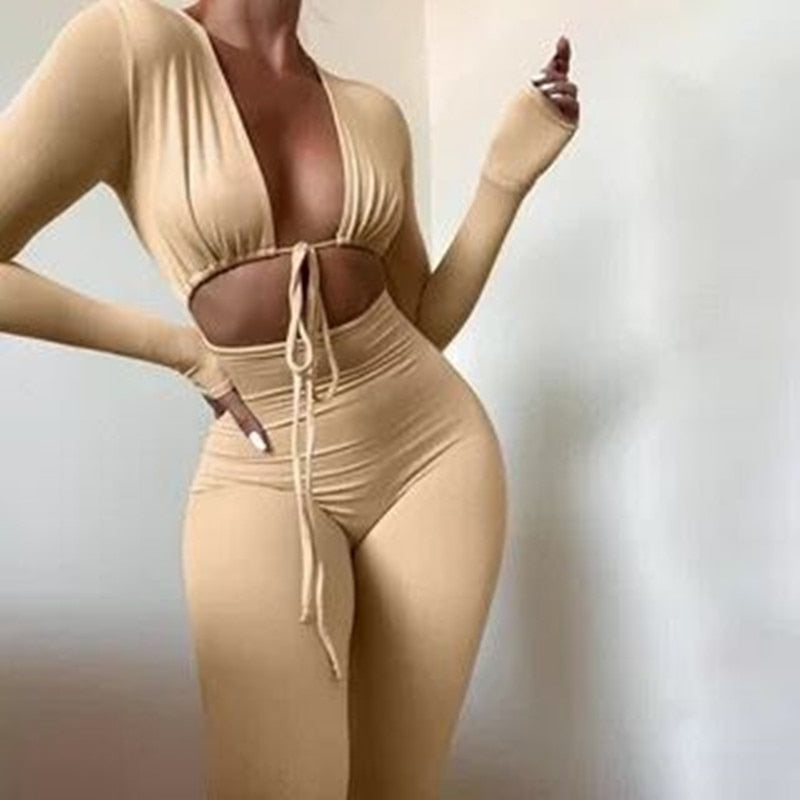 Bandage Solid Color Lace-Up Cropped Top Long Sleeve Bodycon Jumpsuit