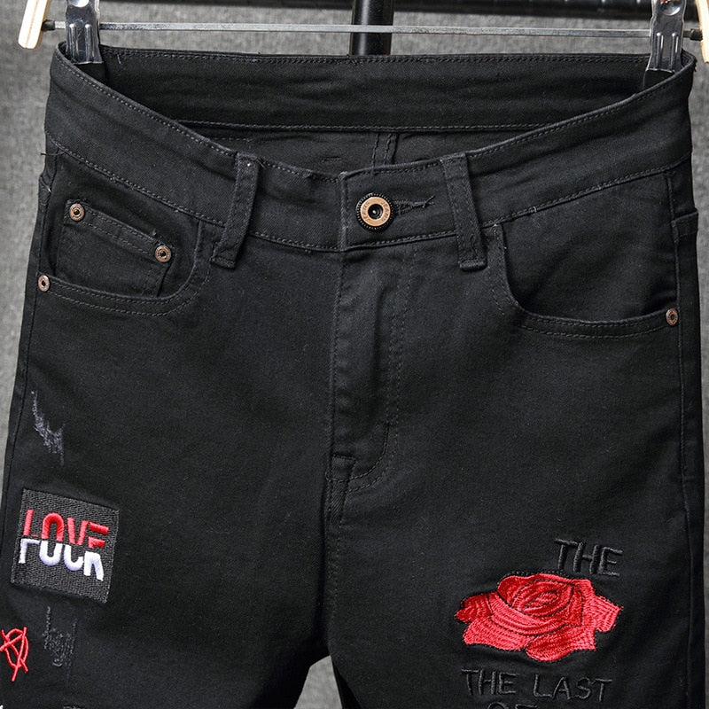 Men's Patchwork Red Flower Letters Embroidery Badge Stretch Denim Jeans