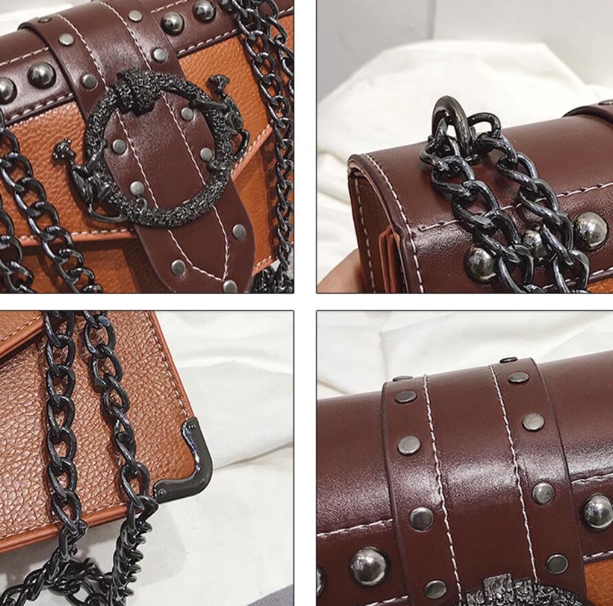 Square PU Leather Rivet Lock Chain Shoulder Messenger Bag