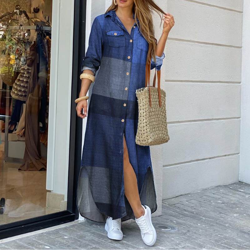 Plaid Colorblock Long Sleeve Maxi Shirt Dress