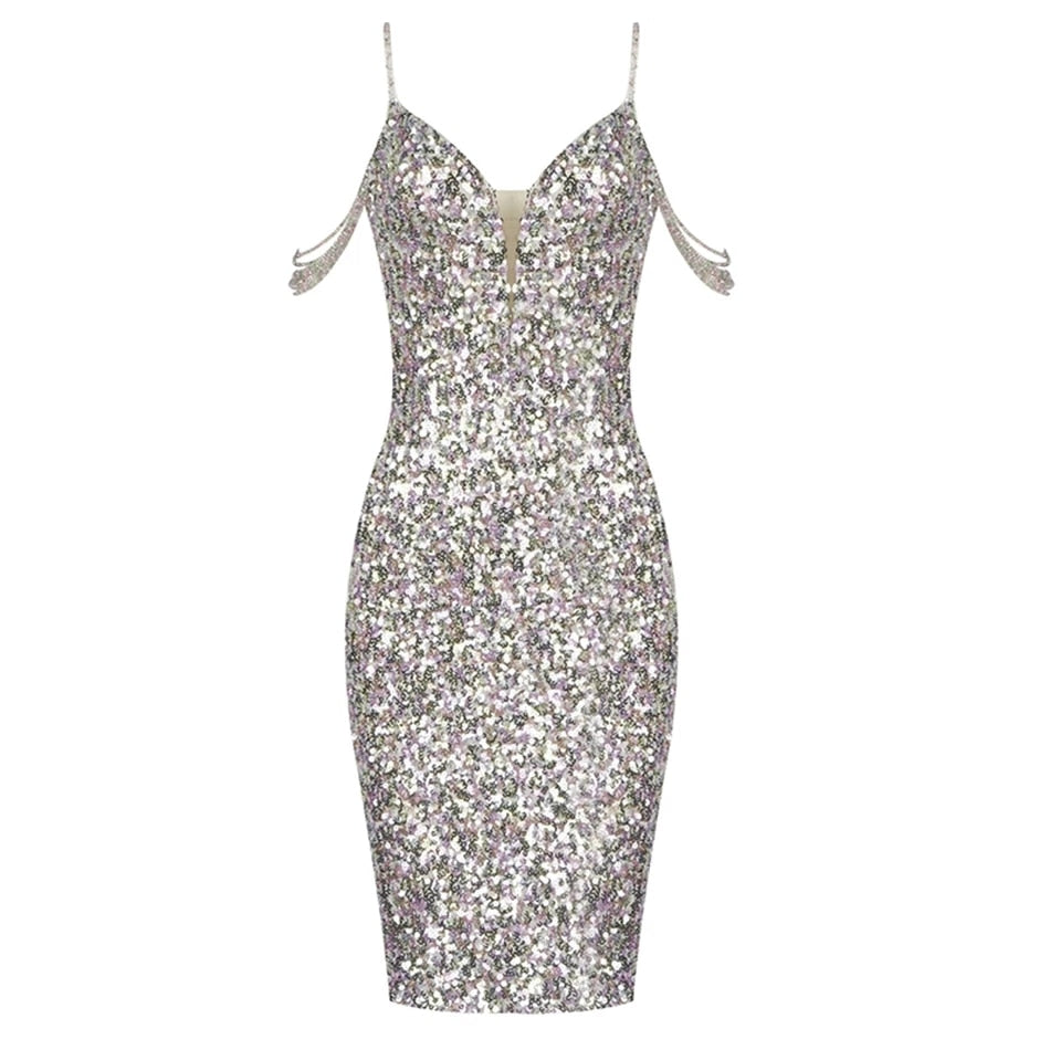 Sleeveless Sequined Bodycon Beaded Design Dress