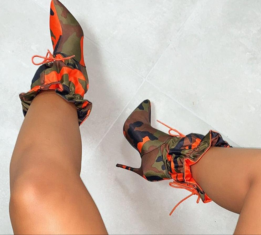 Colored Camoflauge Stiletto Lace Up Ladies Ankle Boots