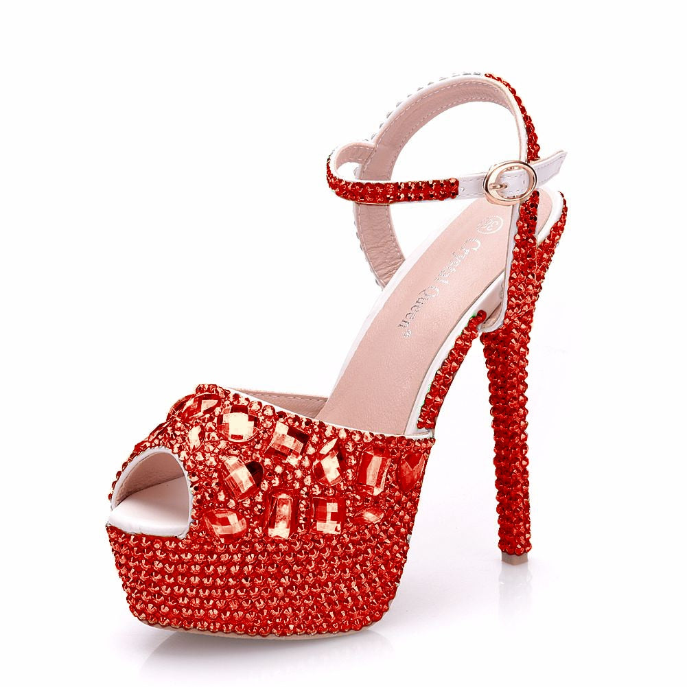 Rhinestone Crystal Peep Toe High Platform Ankle Strap Stiletto Stripper Pumps