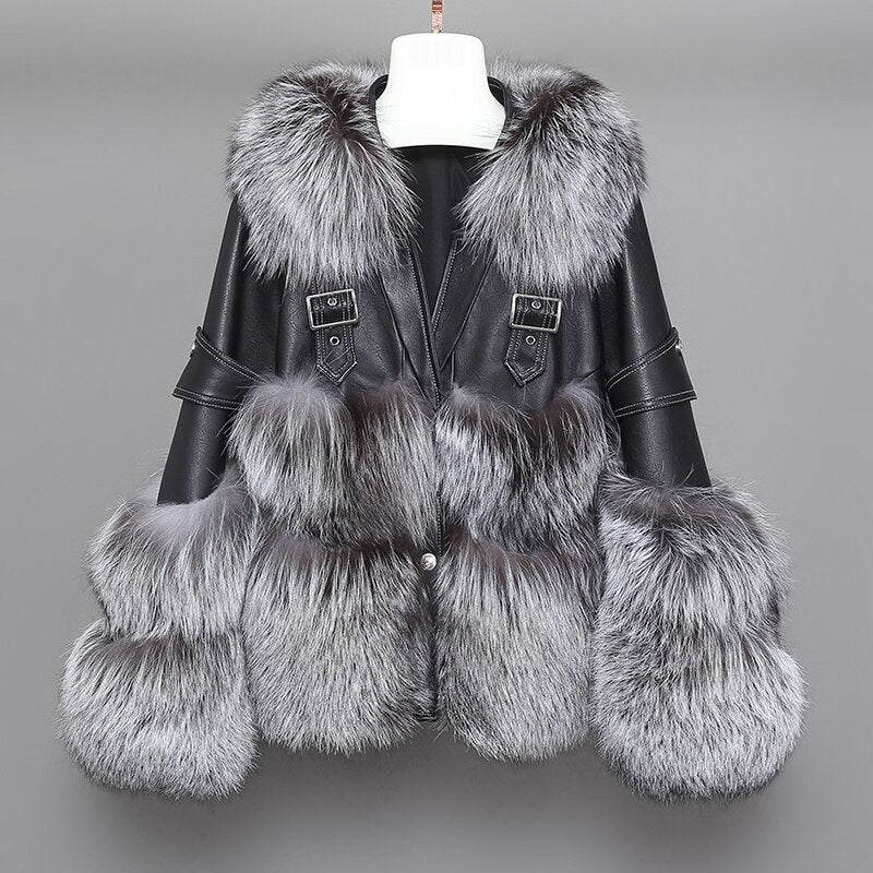 Fox Fur Short Sheepskin w/ Fox Fur Collar Buckle Heart Jacket