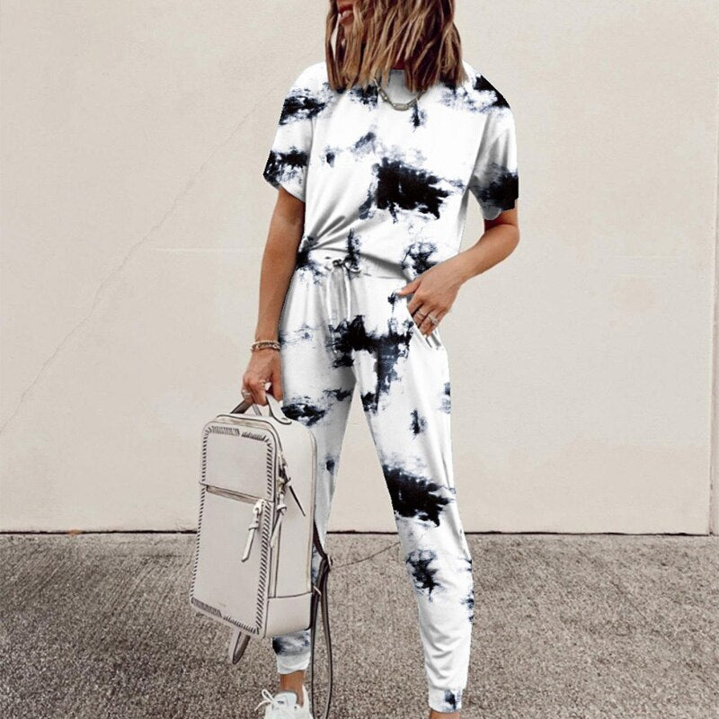 Women's Tie-Dye Print 2-Piece Short-Sleeved Round Neck Top + Drawstring Leggings Set