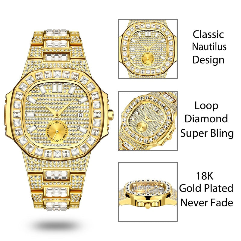 Men's 18K Gold Nano Vaccum Plated Fully Paved Baguette Diamond Waterproof Calendar Watches