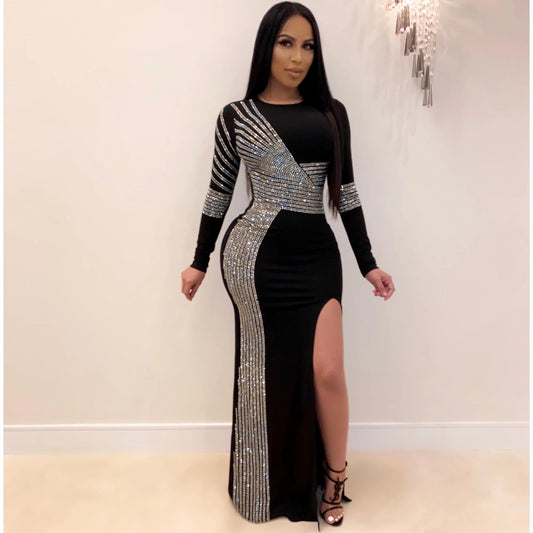 Metallic African Maxi Sequined O-Neck Long Sleeve Evening Party Dress