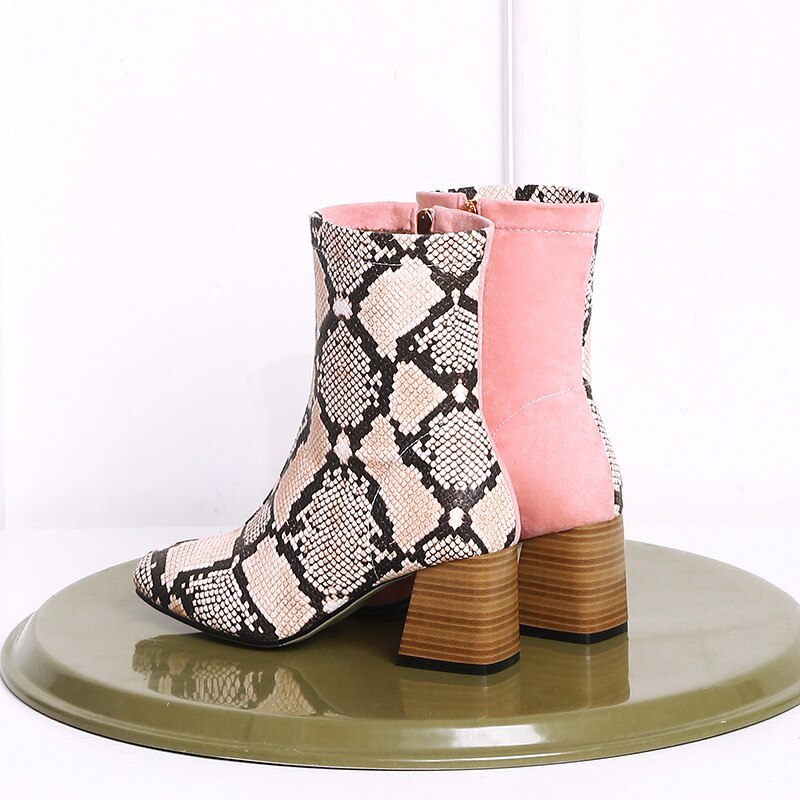 Snake Print Colorblock Patchwork Women's Zipper Ankle Boots