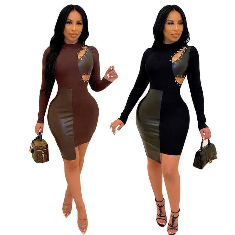 Patchwork Leather Long Sleeve Bodycon Lace-Up Hollow-Out Irregular Mini Dress