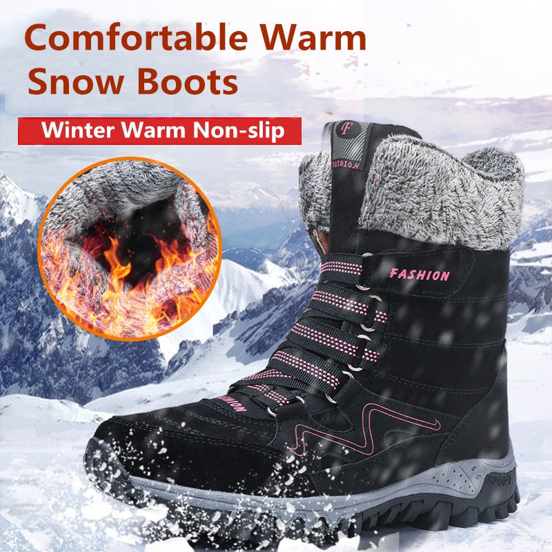 Furry Top Suede Leather Women's Waterproof Ankle Snowboots