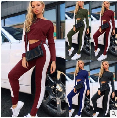 Patchwork Women's Set w/ Long Sleeve O-Neck Crop Top + Side Striped Sweatpants Tracksuit