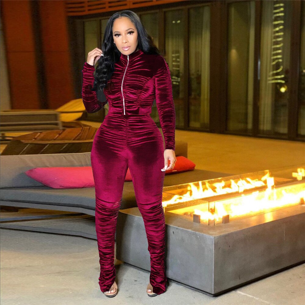 Ruched Velvet Zipper Jacket & Stacked Pants Sweatsuit, 2-Piece Set