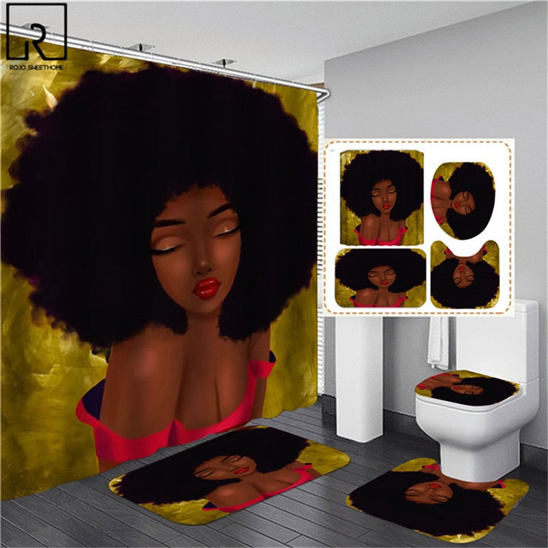 Black Woman Printed Shower Curtain w/ 12 Hooks Bathroom Bath Mat Set Toilet Cover 1/3/4 PCS