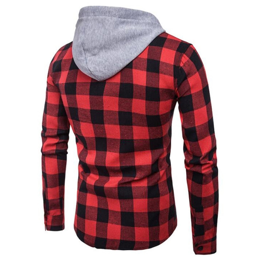 Men's Drawstring Hooded Long Sleeve Plaid Shirt