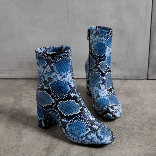 Snake Print Square Heel Ladies Ankle Boots