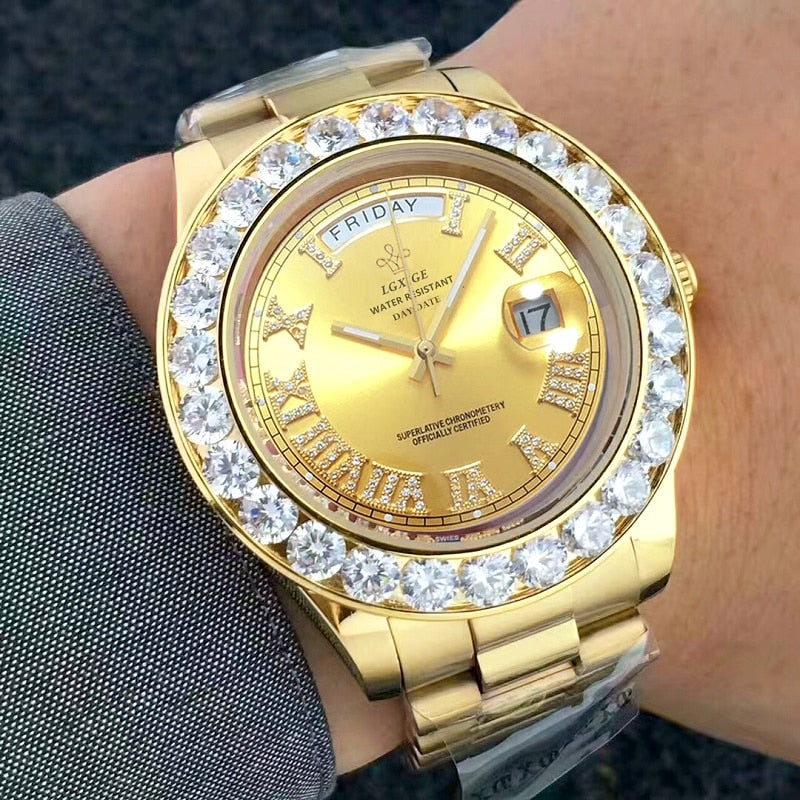 Big Diamond Luxury Brand Gold Watch Stainless Steel Men's Watch