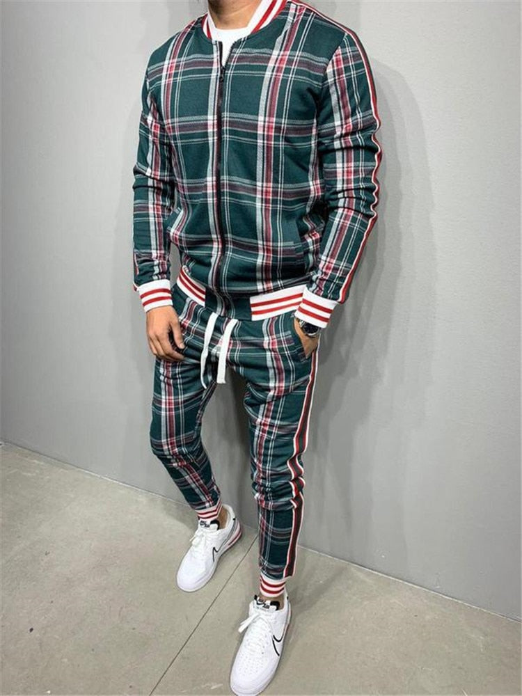 Men's Plaid Printed Faded O-Neck Zipper Jacket +Matching Sweatpants Tracksuit