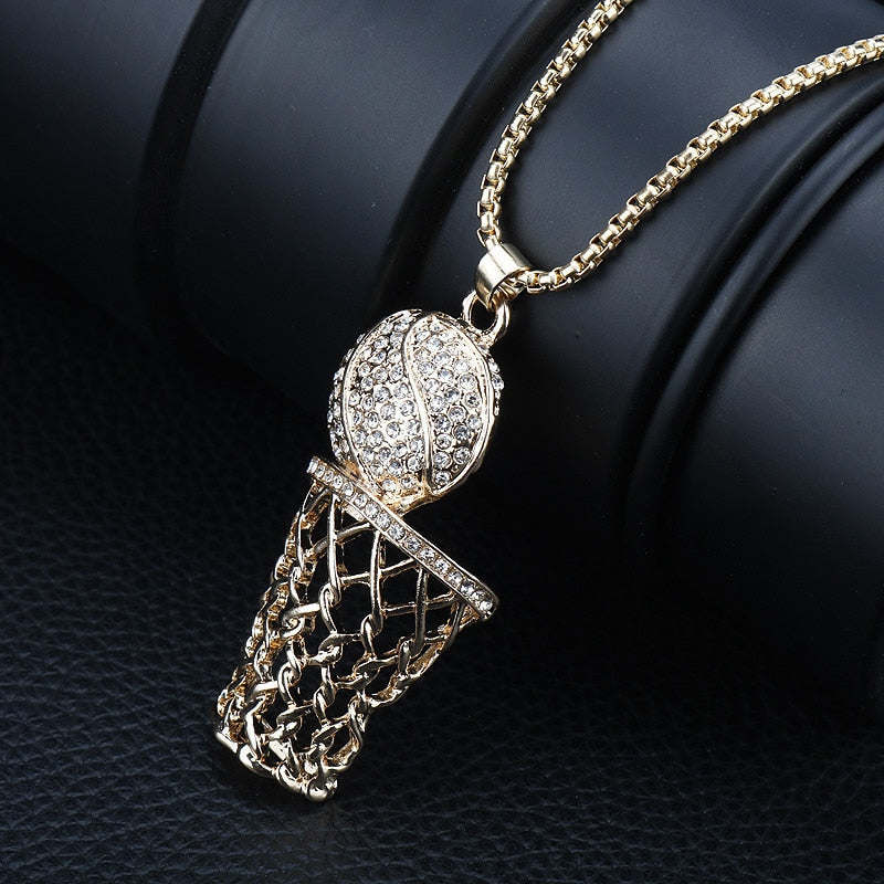 Iced Out Basketball w/Hoop/Net Pendant Necklace Chain