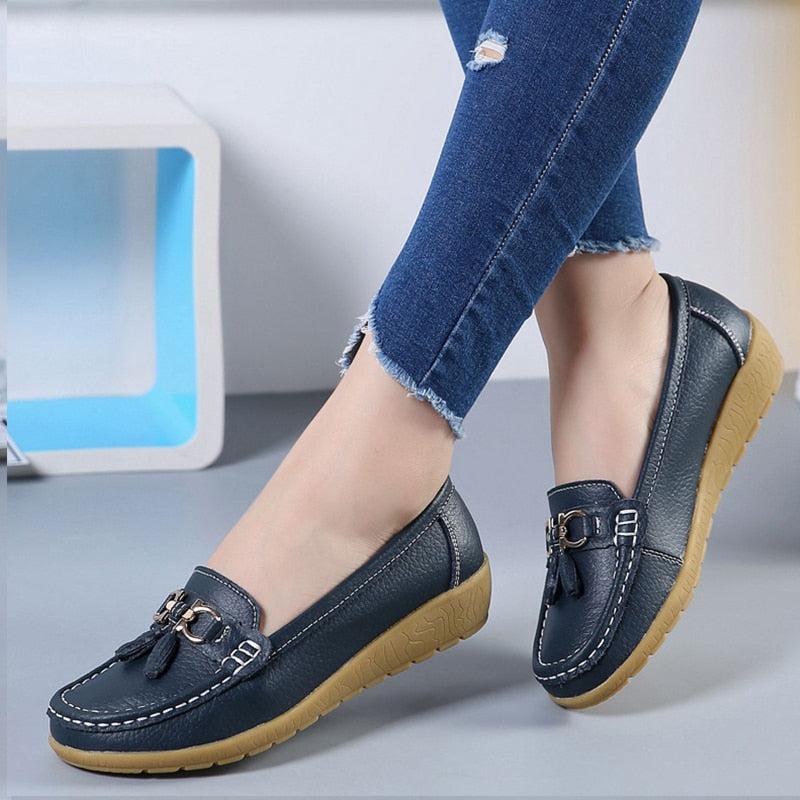 Women's Genuine Leather Flat Loafer Moccasins Slip On Shoes Plus Size