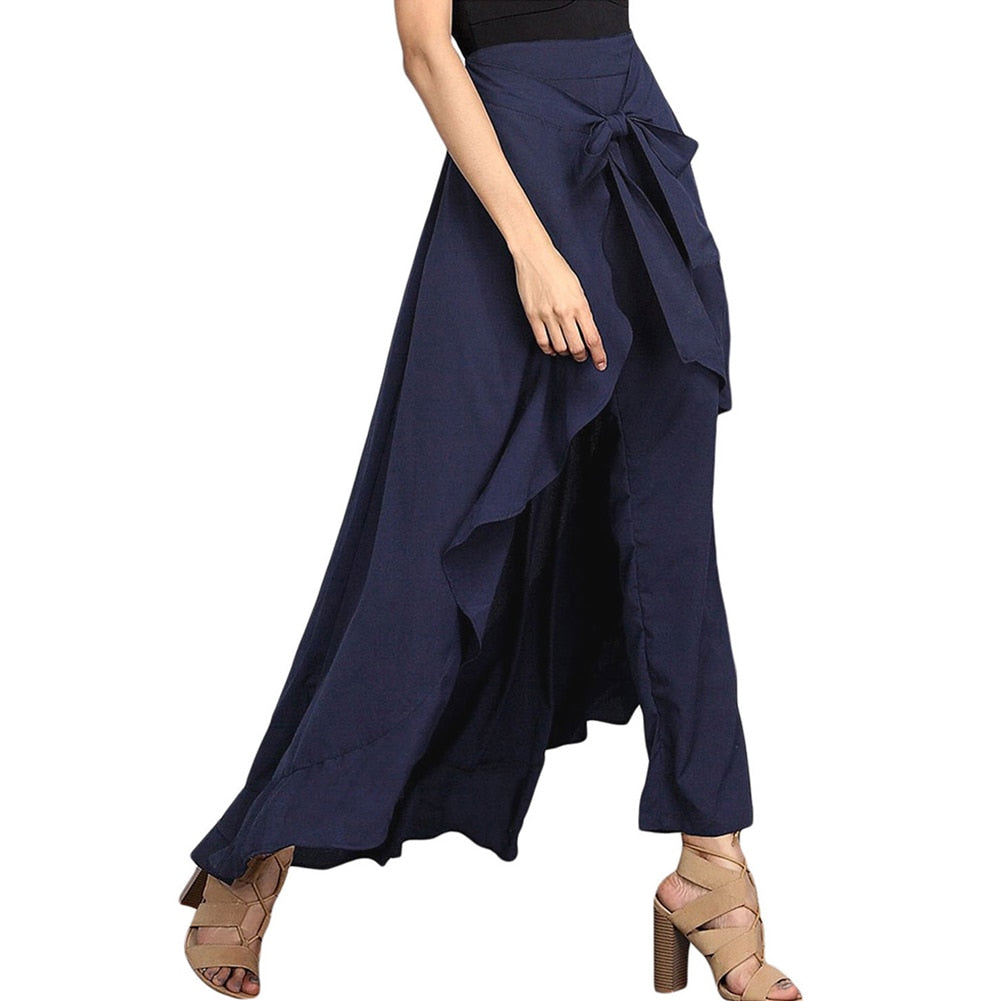 Palazzo Ruffle Drawstring High Waist Irregular Loose Pants w/ Attached Maxi Wrap Skirt to 3X