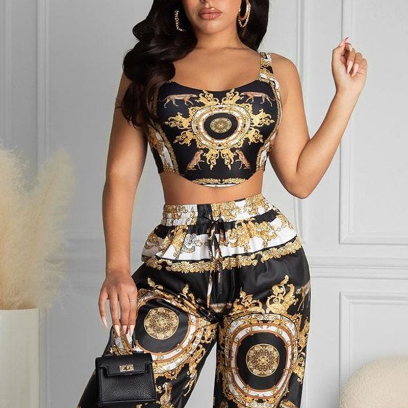 Sleeveless Printed Crop Top & High Waist Pants 2-Piece Set