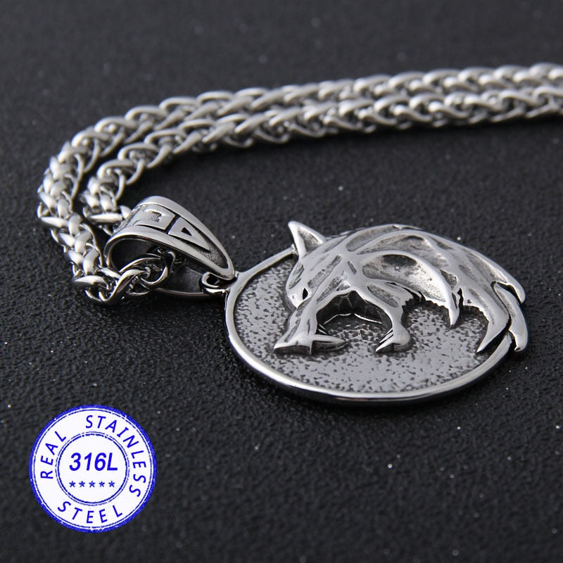 Stainless Steel Wizard Wolf Head Pendant Necklace Chain