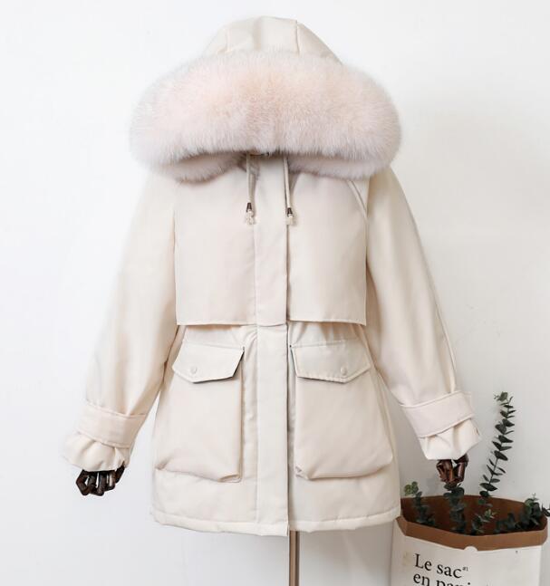 Ladies Fox Fur Hooded Down Coat 90% White Duck Down Jacket